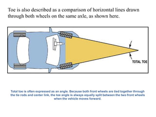 Total toe is often expressed as an angle. Because both front wheels are tied together through
the tie rods and center link, the toe angle is always equally split between the two front wheels
when the vehicle moves forward.
Toe is also described as a comparison of horizontal lines drawn
through both wheels on the same axle, as shown here.
 