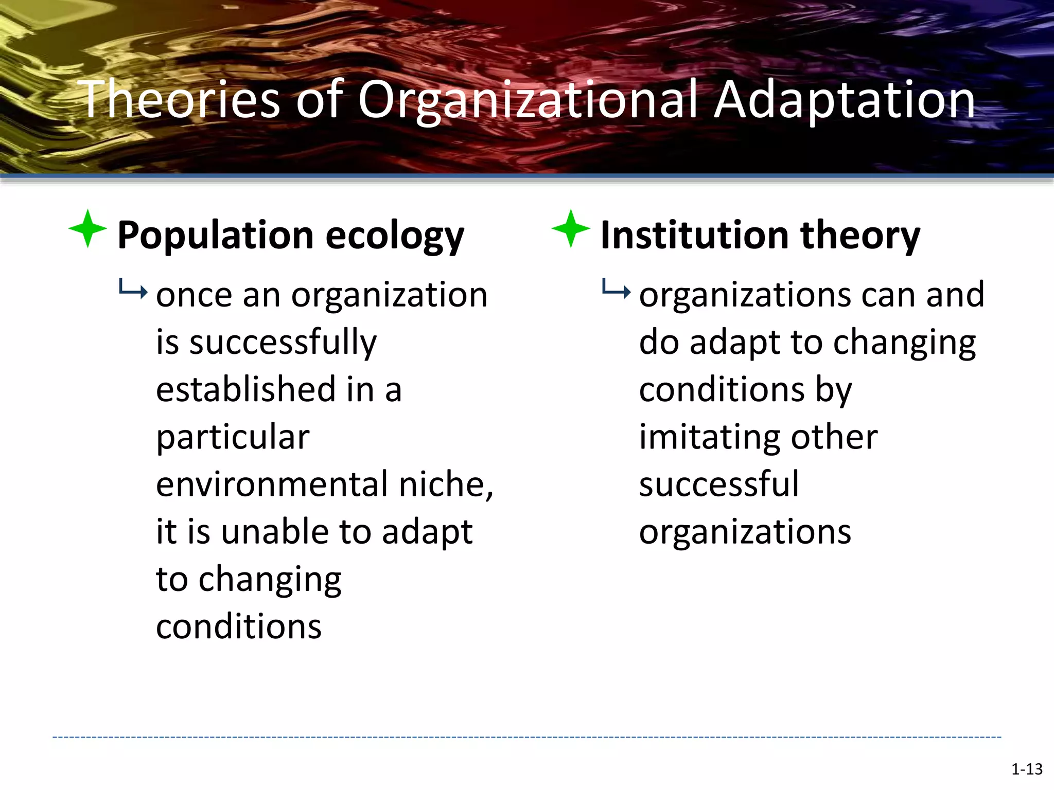 Theories of Organizational Adaptation
Population ecology
 once an organization
is successfully
established in a
particular
environmental niche,
it is unable to adapt
to changing
conditions
Institution theory
 organizations can and
do adapt to changing
conditions by
imitating other
successful
organizations
1-13
 