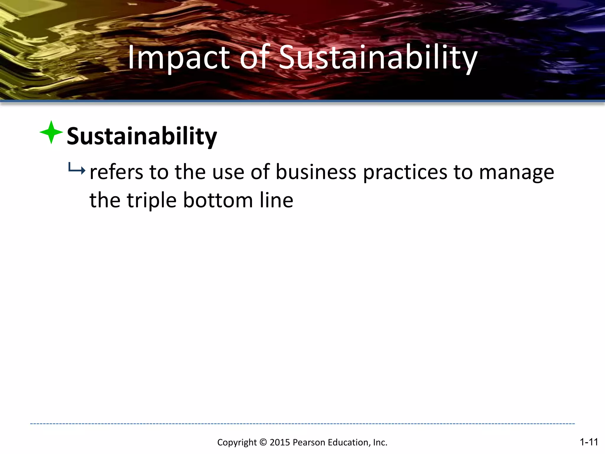 Impact of Sustainability
Sustainability
 refers to the use of business practices to manage
the triple bottom line
Copyright © 2015 Pearson Education, Inc. 1-11
 