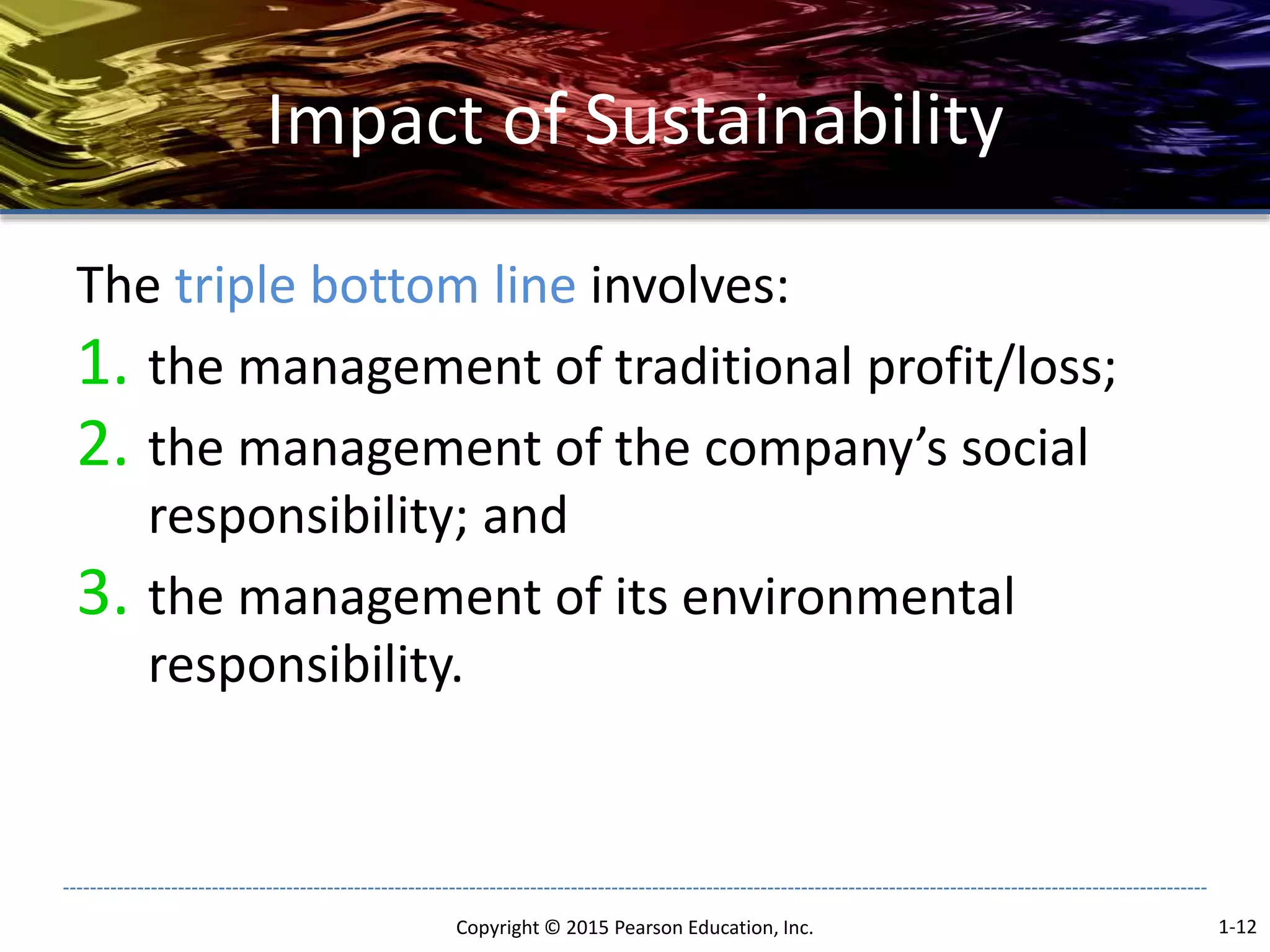 Impact of Sustainability
The triple bottom line involves:
1. the management of traditional profit/loss;
2. the management of the company’s social
responsibility; and
3. the management of its environmental
responsibility.
Copyright © 2015 Pearson Education, Inc. 1-12
 