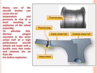 Heavy use of the
aircraft brakes can
cause tire air
temperature and
pressure to rise to a
level resulting in
explosion of the wheel
assembly.
To alleviate this,
thermal plug(s)
mounted in the inner
wheel half of a high
performance aircraft
wheels are made with a
fusible core that melts
and releases the air
from the
tire before explosion.
 