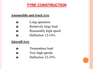 Automobile and truck tyre
Long operation
Relatively large load
Reasonably high speed
Deflection 12-14%
Aircraft tyre
Tremendous load
Very high speeds
Deflection 32-35%
TYRE CONSTRUCTION
 
