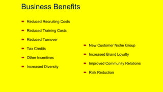Business Benefits
Reduced Recruiting Costs
Reduced Training Costs
Reduced Turnover
Tax Credits
Other Incentives
Increased ...