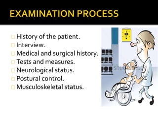 History of the patient. 
Interview. 
Medical and surgical history. 
Tests and measures. 
Neurological status. 
Postural control. 
Musculoskeletal status. 
 