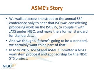 ASME’s	Story
• We	walked	across	the	street	to	the	annual	SSP	
conference	only	to	hear	that	ISO	was	considering	
proposing	work	on	the	ISOSTS,	to	couple	it	with	
JATS	under	NISO,	and	make	the	a	formal	standard	
for	standards….
• And	we	thought,	if	there’s	going	to	be	a	standard,	
we	certainly	want	to	be	part	of	that!
• In	May	2015,	ASTM	and	ASME	submitted	a	NISO	
work	item	proposal	and	sponsorship	for	the	NISO	
STS	project.	
 