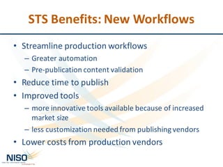 STS	Benefits:	New	Workflows
• Streamline	production	workflows
– Greater	automation
– Pre-publication	content	validation
• Reduce	time	to	publish
• Improved	tools
– more	innovative	tools	available	because	of	increased	
market	size
– less	customization	needed	from	publishing	vendors
• Lower	costs	from	production	vendors
 