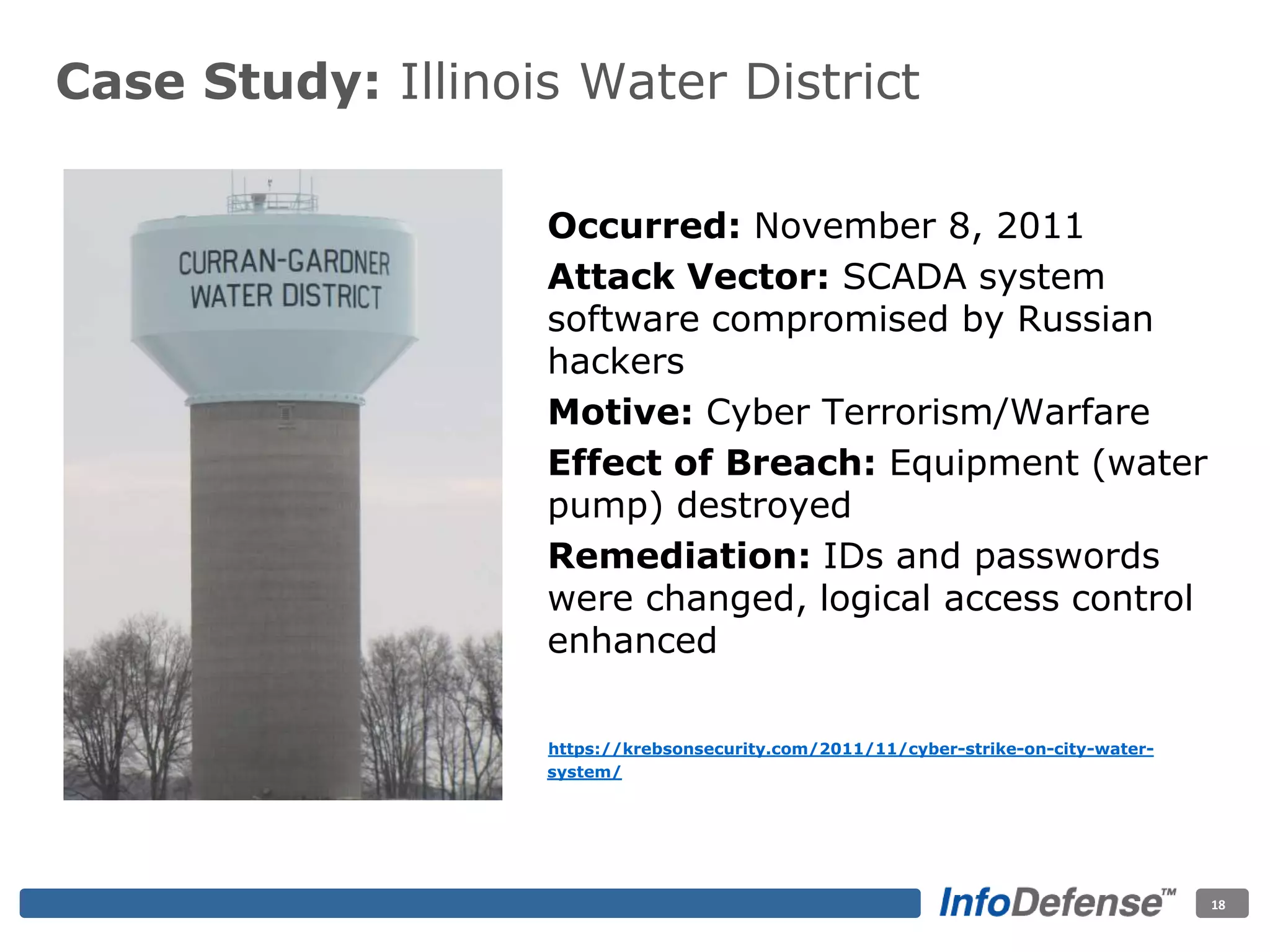 Case Study: Illinois Water District
Occurred: November 8, 2011
Attack Vector: SCADA system
software compromised by Russian
hackers
Motive: Cyber Terrorism/Warfare
Effect of Breach: Equipment (water
pump) destroyed
Remediation: IDs and passwords
were changed, logical access control
enhanced
https://krebsonsecurity.com/2011/11/cyber-strike-on-city-water-
system/
18
 