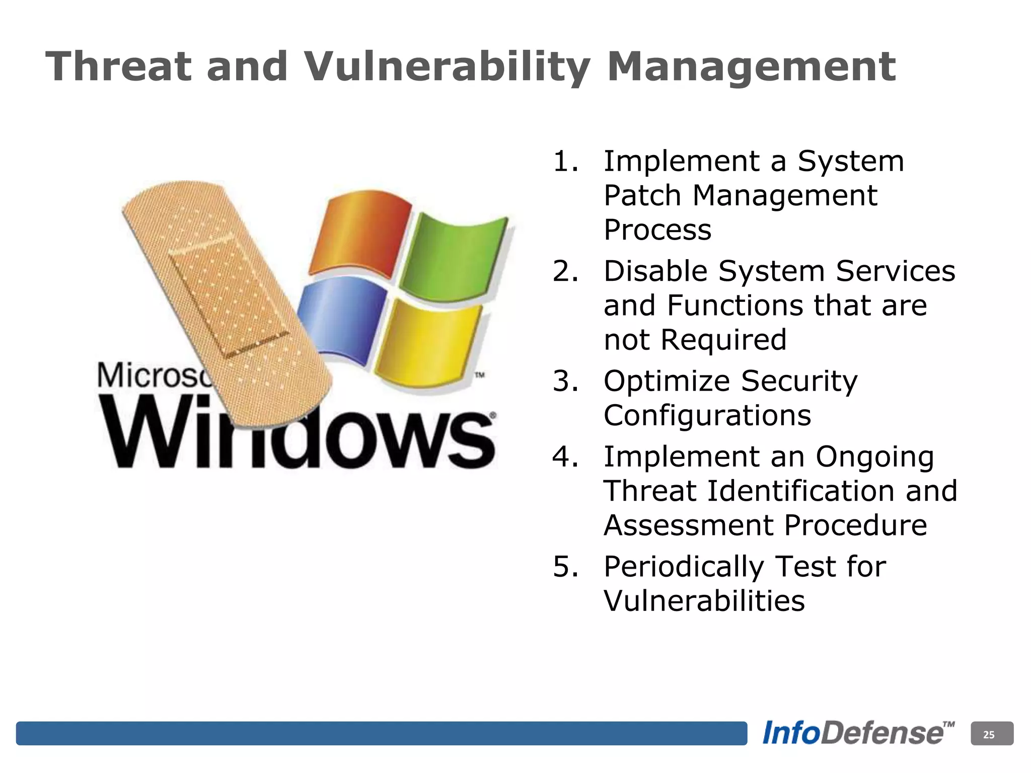 Threat and Vulnerability Management
1. Implement a System
Patch Management
Process
2. Disable System Services
and Functions that are
not Required
3. Optimize Security
Configurations
4. Implement an Ongoing
Threat Identification and
Assessment Procedure
5. Periodically Test for
Vulnerabilities
25
 