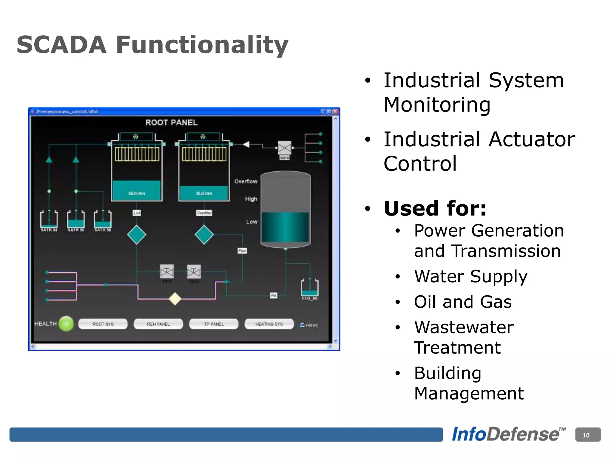SCADA Functionality
• Industrial System
Monitoring
• Industrial Actuator
Control
• Used for:
• Power Generation
and Transmission
• Water Supply
• Oil and Gas
• Wastewater
Treatment
• Building
Management
10
 