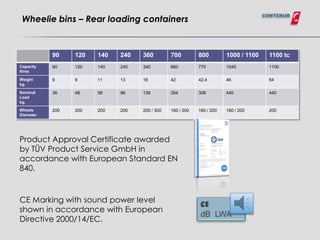 CONTENUR
 Wheelie bins – Rear loading containers


           90    120   140   240   360         700         800         1000 / 1100     1100 tc
Capacity   90    120   140   240   340         660         770         1045            1100
litres

Weight     9     9     11    13    16          42          42,4        46              64
kg.

Nominal    36    48    56    96    136         264         308         440             440
Load
kg.

Wheels     200   200   200   200   200 / 300   160 / 200   160 / 200   160 / 200       200
Diameter




Product Approval Certificate awarded
by TÜV Product Service GmbH in
accordance with European Standard EN
840.


CE Marking with sound power level
shown in accordance with European
Directive 2000/14/EC.
 