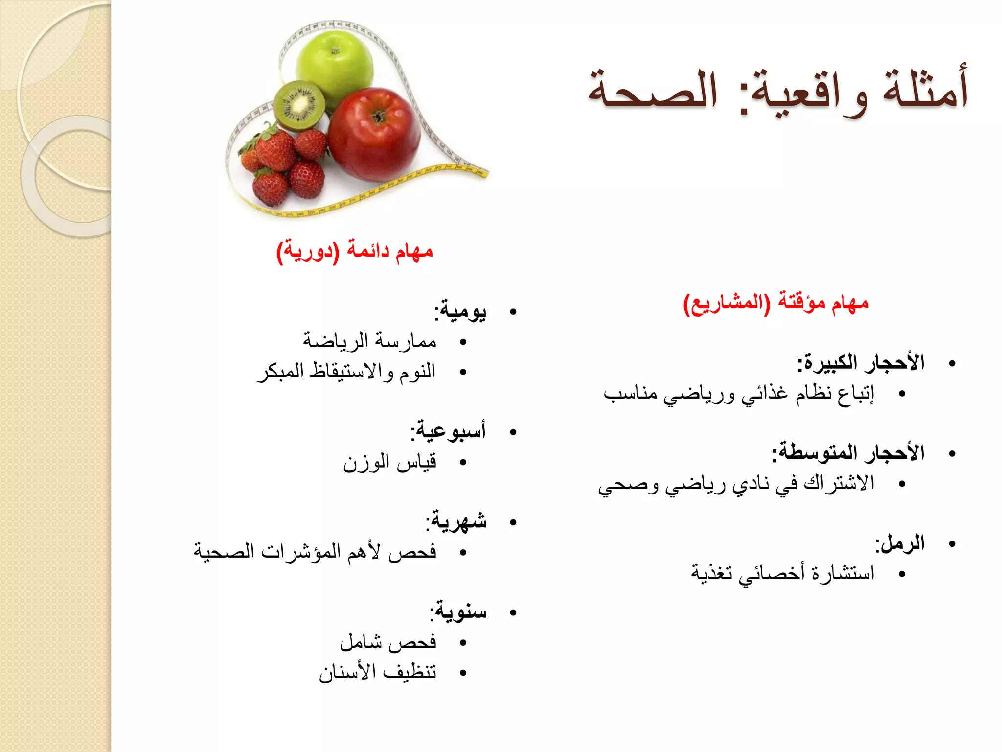‫أمثلة واقعية: الصحة‬
‫مهام دائمة (دورية)‬
‫مهام مؤقتة (المشاريع)‬
‫• األحجار الكبيرة:‬
‫• إتباع نظام غذائي ورياضي مناسب‬
‫• األحجار المتوسطة:‬
‫• االشتراك في نادي رياضي وصحي‬

‫• الرمل:‬
‫• استشارة أخصائي تغذية‬

‫• يومية:‬
‫• ممارسة الرياضة‬
‫• النوم واالستيقاظ المبكر‬
‫• أسبوعية:‬
‫• قياس الوزن‬

‫• شهرية:‬
‫• فحص ألهم المؤشرات الصحية‬
‫• سنوية:‬
‫• فحص شامل‬
‫• تنظيف األسنان‬

 