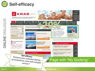 Self-efﬁcacy!




                           Self-­‐
               “Enhance	
  y eﬃcacy:	
  
                            ou
              of	
  compete r	
  customers	
  feeling	
  	
  
                           nce,	
  even	
  w
                                            ith	
  comple
                                                                 Page with “My Booking”!
                            services”	
                  x	
  
                                   	
  
@BartS	
  
 
