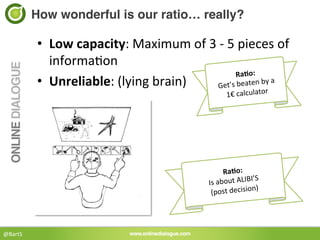 How wonderful is our ratio… really?!

             •  Low	
  capacity:	
  Maximum	
  of	
  3	
  -­‐	
  5	
  pieces	
  of	
  
                  informa<on	
  
                                                                    RaBo:	
  
             •  Unreliable:	
  (lying	
  brain)	
       Get’s	
  beaten
                                                                              	
  by	
  a	
  	
  
                                                                                    	
  
                                                                1€	
  calculator
             	
  



                                                                             RaBo:	
  
                                                                                        I’S	
  
                                                                     Is	
  about	
  ALIB
                                                                                         n)	
  
                                                                      (post	
  decisio




@BartS	
  
 