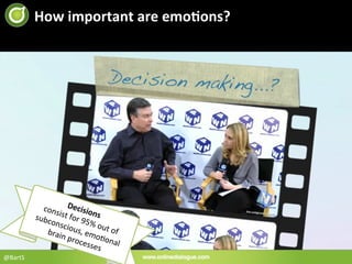 How	
  important	
  are	
  emoBons?	
  




               cons Decisio
             subc ist	
  for	
  9 ns	
  
                 o n sc              5
                          ious %	
  out	
  of
                brain           ,	
  e        	
  
                       	
  proc mo<on
                                 esse        al	
  
                                       s	
  
@BartS	
  
 