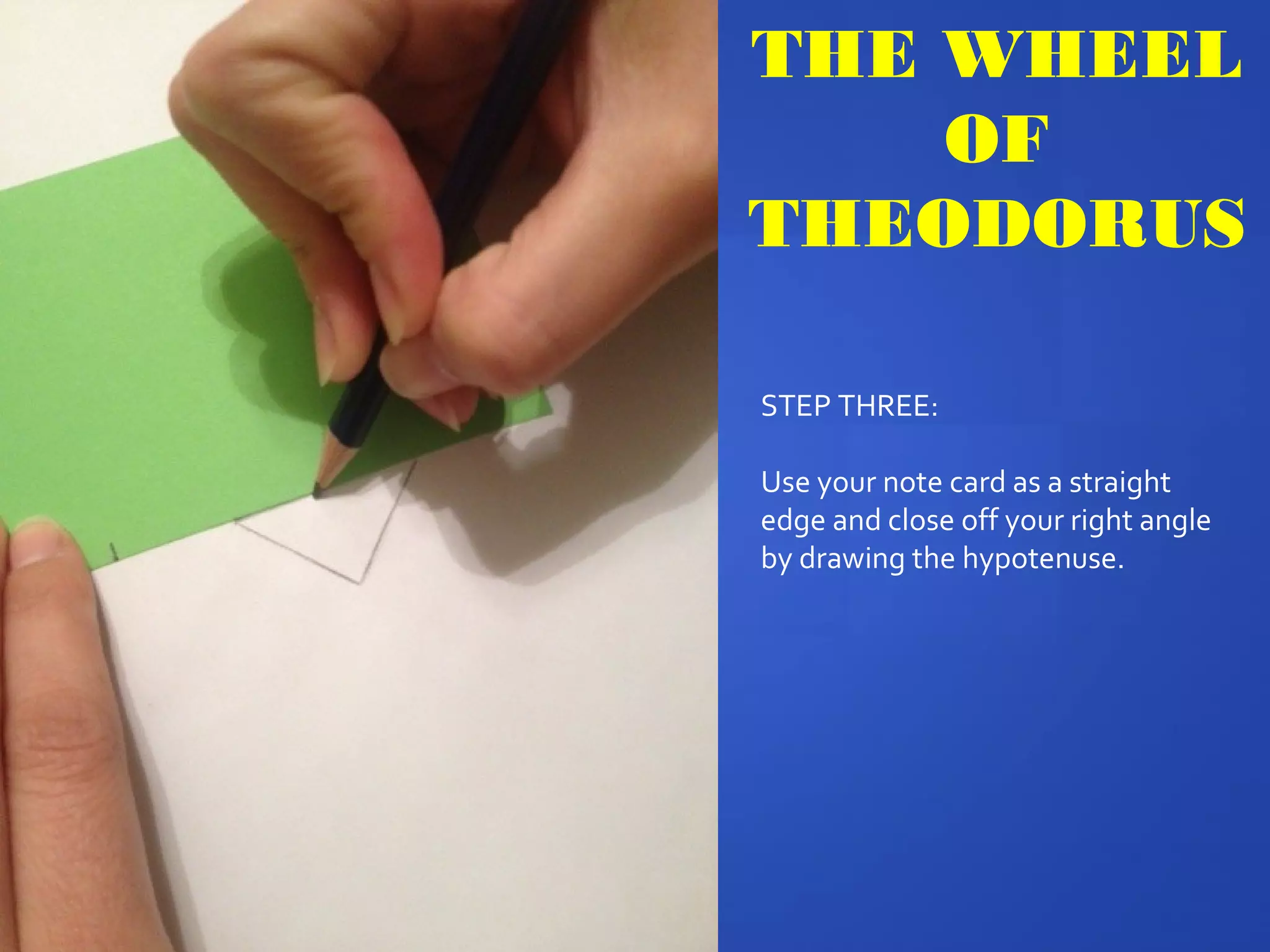 THE WHEEL
OF
THEODORUS
STEP THREE:
Use your note card as a straight
edge and close off your right angle
by drawing the hypotenuse.
 