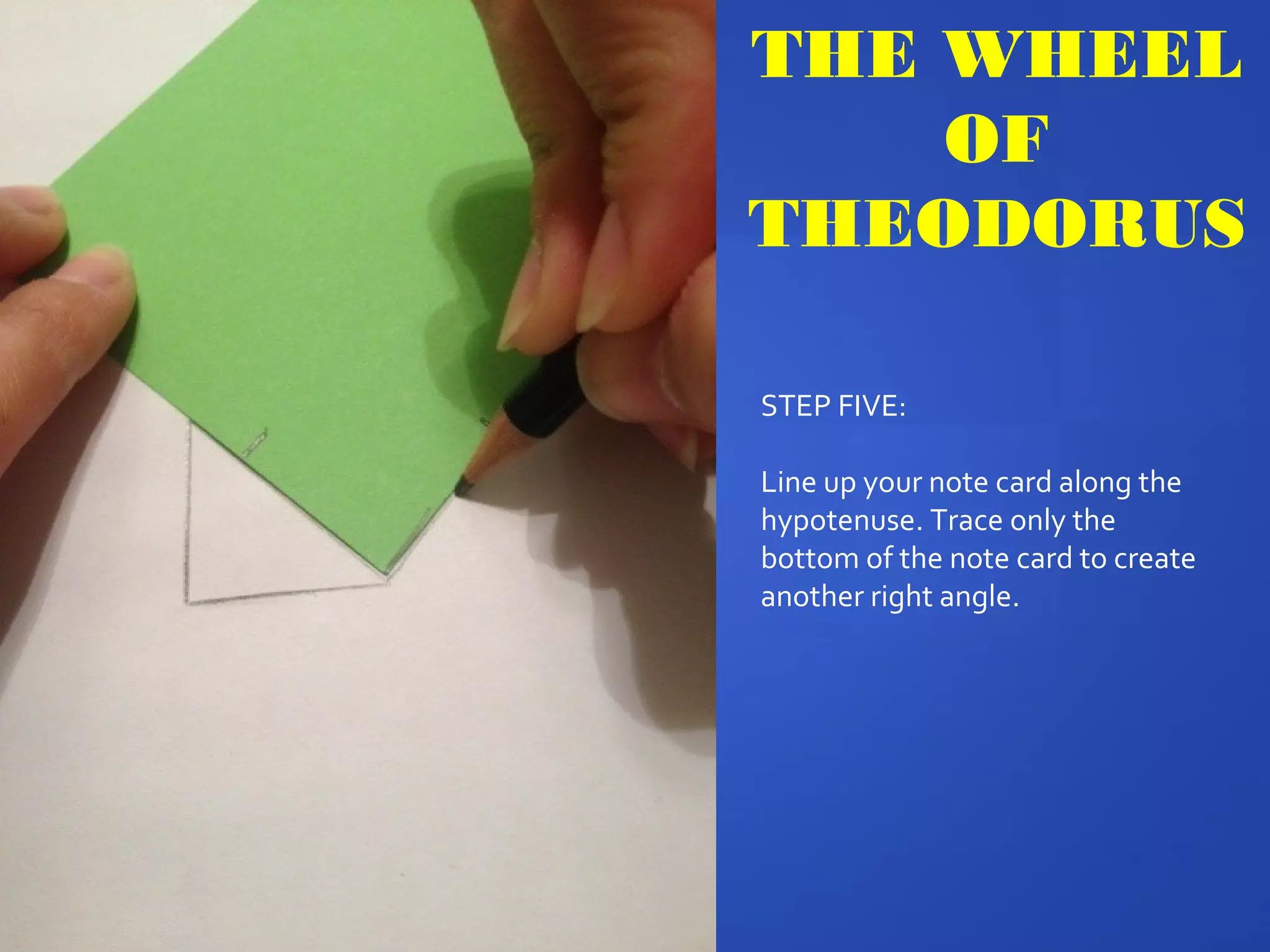 THE WHEEL
OF
THEODORUS
STEP FIVE:
Line up your note card along the
hypotenuse. Trace only the
bottom of the note card to create
another right angle.
 
