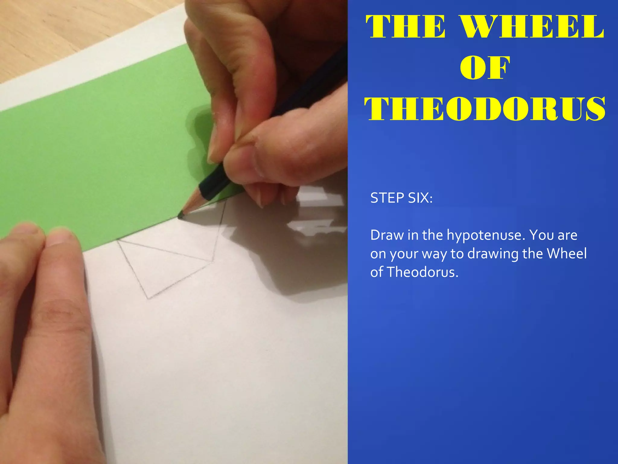 THE WHEEL
OF
THEODORUS
STEP SIX:
Draw in the hypotenuse. You are
on your way to drawing the Wheel
of Theodorus.
 