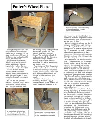 Potter’s Wheel Plans



                                                                                           Flywheel is poured in form made by tacking
                                                                                           tar paper to plywood disk. Partly set
                                                                                           concrete is “broom-finished.”



                                                                                        cross braces. Lag screws and washers are
                                                                                        used to join the frame. Stagger the screws to
                                                                                        avoid splitting the wood and drill clearance
                                                                                        and pilot holes for them.
                                                       