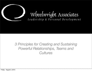 Wheelwright Associates
L e a d e r s h i p & P e r s o n a l D e v e l o p m e n t
3 Principles for Creating and Sustaining
Powerful Relationships, Teams and
Cultures
Friday August 2, 2013
 