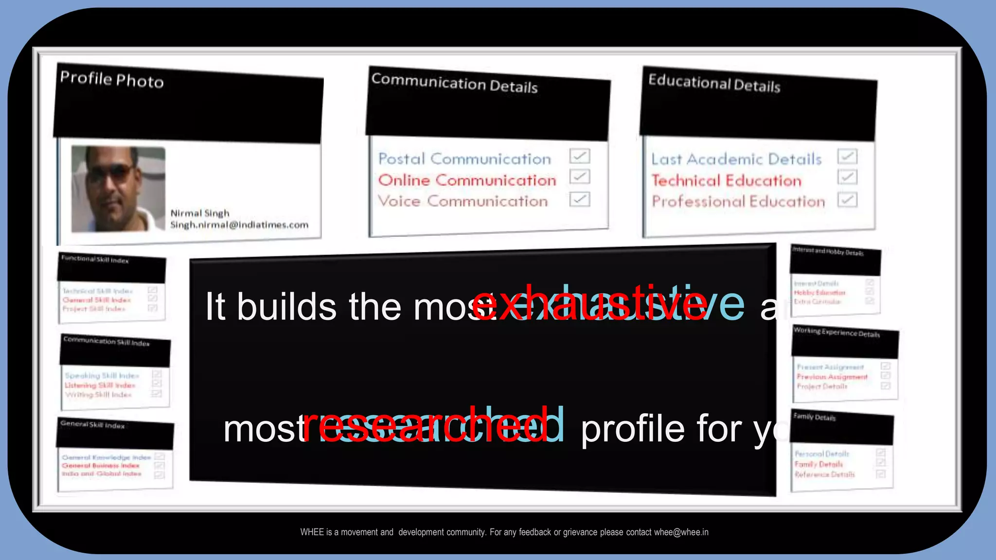 AppearexhaustiveIt builds the most exhaustive and researchedmost researchedprofile for youWHEE is a movement and  development community. For any feedback or grievance please contact whee@whee.in