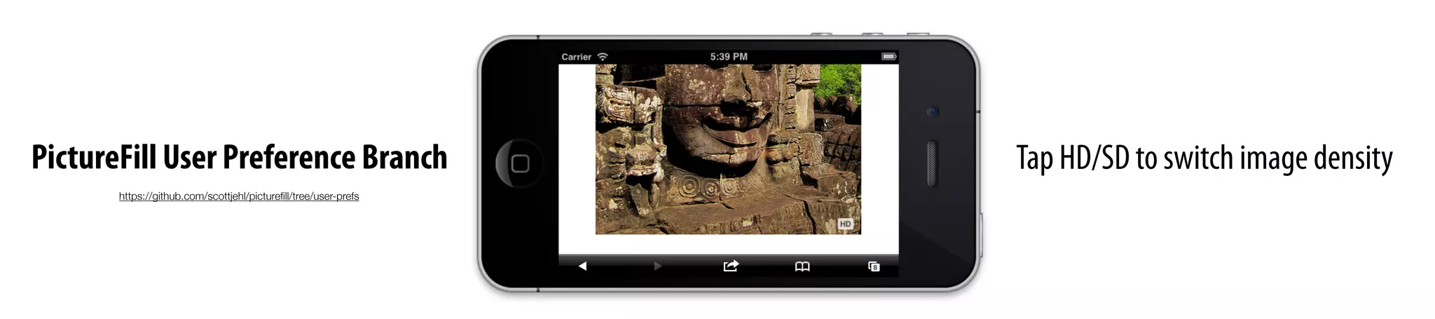 PictureFill User Preference Branch Tap HD/SD to switch image density
https://github.com/scottjehl/pictureﬁll/tree/user-prefs
 