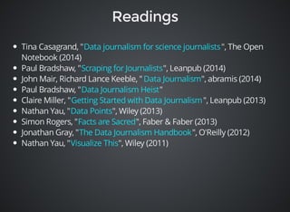 Tina Casagrand, " Data journalism for science journalists 
", The Open 
Notebook (2014) 
Paul Bradshaw, " Scraping for Journalists 
", Leanpub (2014) 
John Mair, Richard Lance Keeble, " Data Journalism 
", abramis (2014) 
Paul Bradshaw, " Data Journalism Heist 
" 
Claire Miller, " Getting Started with Data Journalism 
", Leanpub (2013) 
Nathan Yau, " Data Points 
", Wiley (2013) 
Simon Rogers, " Facts are Sacred 
", Faber & Faber (2013) 
Jonathan Gray, " The Data Journalism Handbook 
", O'Reilly (2012) 
Nathan Yau, " Visualize This 
", Wiley (2011) 
 