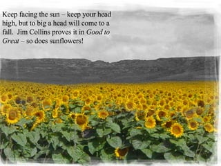 Keep facing the sun – keep your head high, but to big a head will come to a fall.  Jim Collins proves it in  Good to Great...