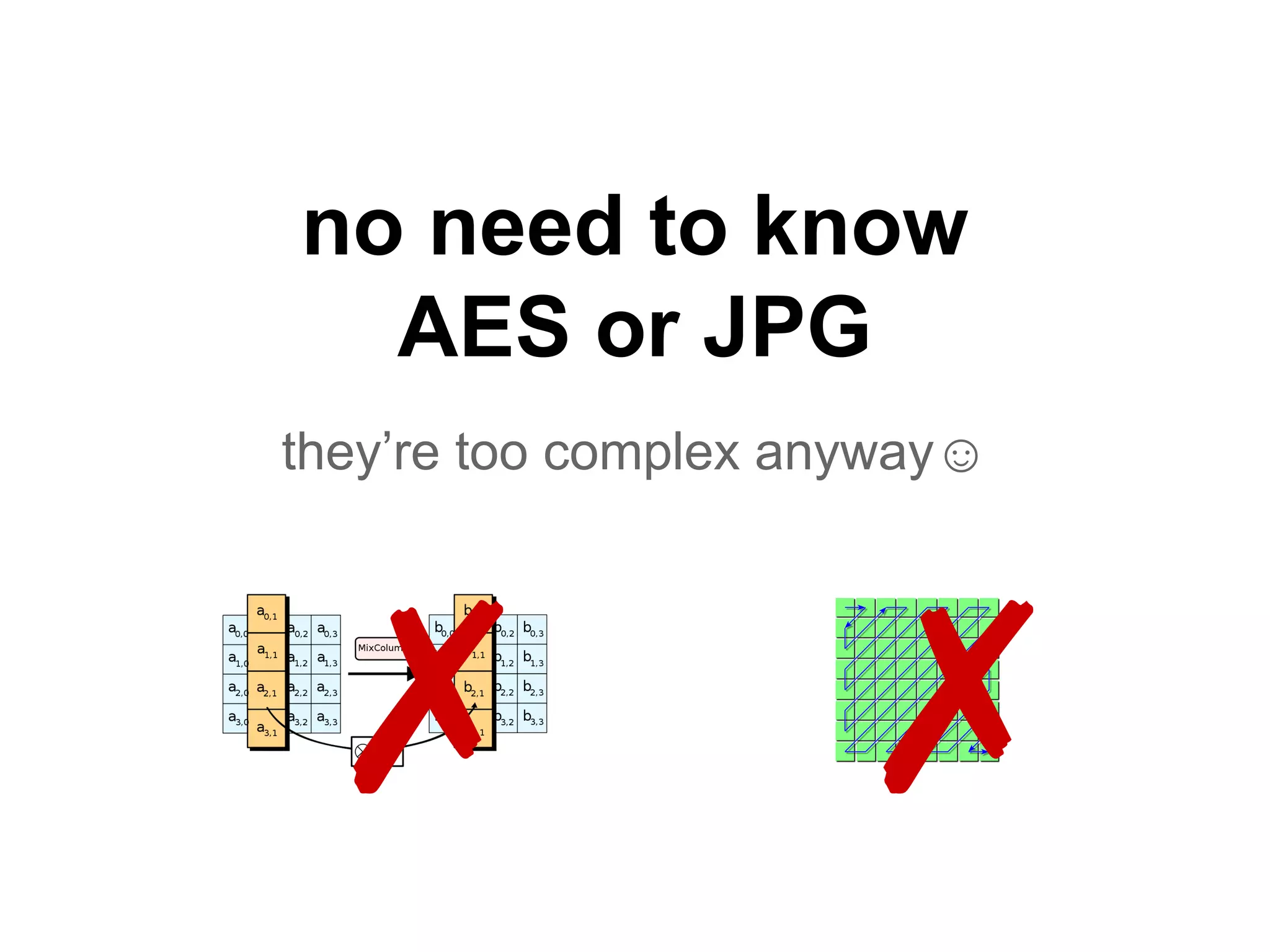 no need to know
AES or JPG
they’re too complex anyway☺
✗ ✗
 
