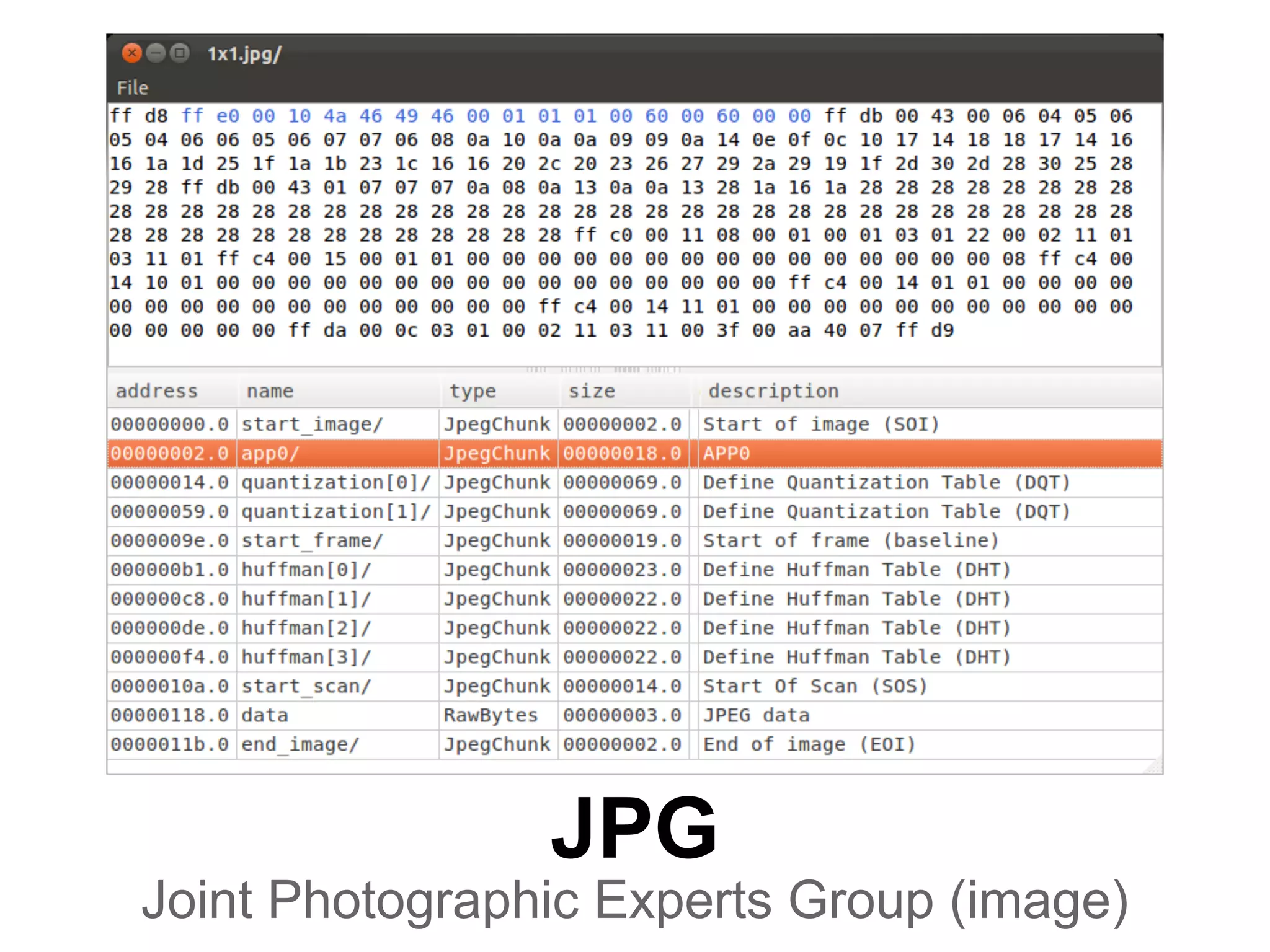 JPG
Joint Photographic Experts Group (image)
 