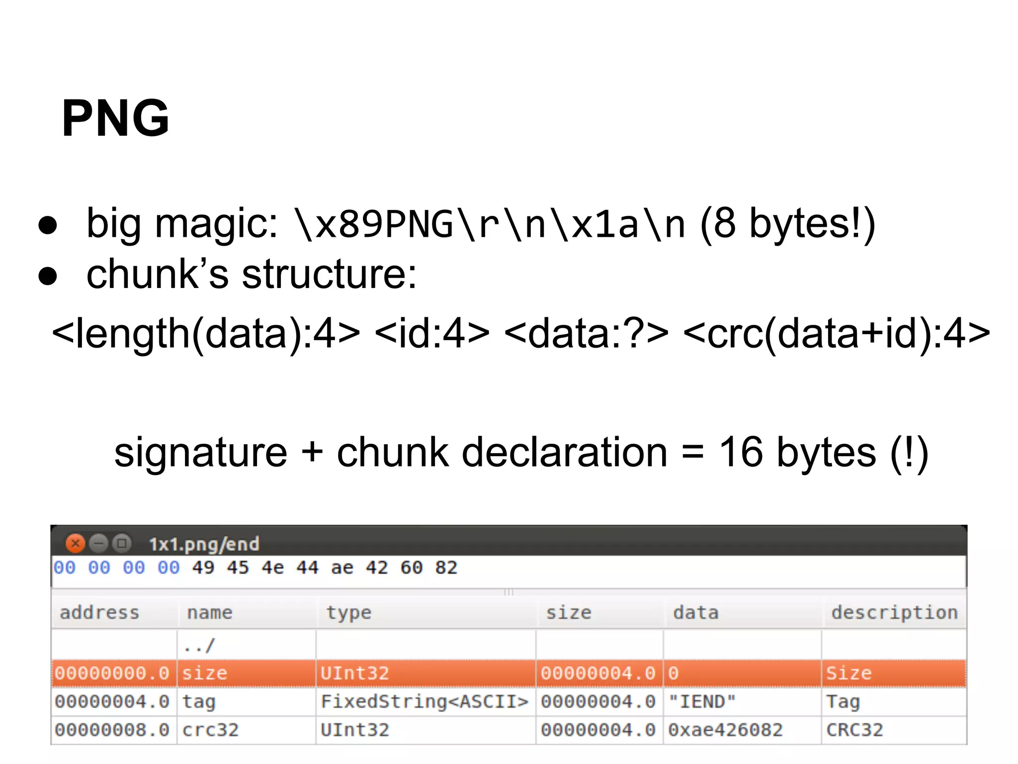 PNG
● big magic: x89PNGrnx1an (8 bytes!)
● chunk’s structure:
<length(data):4> <id:4> <data:?> <crc(data+id):4>
signature + chunk declaration = 16 bytes (!)
 