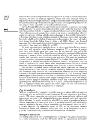 behaviors than others in response to abusive supervision. In order to answer our research
questions, we drew on displaced aggression theory and social exchange theory to
hypothesize the intervening mechanism of interpersonal justice and moderating influence of
IWE on the relationship between abusive supervision and knowledge hiding behaviors. By
and large, we found support for our hypothesized relationships.
Our results suggest that abusive supervision is positively related to employees’ knowledge
hiding behaviors. The positive relationship shows that abusive leadership behaviors toward
subordinates incline the latter to engage in retaliatory behaviors such as knowledge hiding.
These behaviors are not restricted to a specific work group or sample; rather, wherever
employees experience belittling attitudes, abusive language or disrespectful treatment, they
will respond in the form of some retaliation or negativity. Employees perceive their knowledge
base to be valuable and the feeling of being mistreated or not given due respect will incline
them toward knowledge hiding behaviors (Kim et al., 2016). Aligned with displaced
aggression theory, this negativity is projected on to coworkers because they have less power
and authority than supervisors (Dollard et al., 1939).
Our study also suggests the mediating impact of interpersonal justice between abusive
supervision and knowledge hiding behaviors, supporting H2. In the case of abusive
supervision, subordinates blame their supervisors for the aggressive and undesirable
treatment that they receive. Thus, the amalgamation of negative instances and blame forces
employees to restore a balance by at least withholding what is in their control or domain,
namely, their knowledge, which they tend to hide from others. The results are also aligned
with the uncertainty management theory (Lind and Van den Bos, 2002), which posits that
the perception of injustice results in forms of deviant, retaliatory or aggressive reactions
aimed to regain the lost control. Hence, when interpersonal injustice is felt by abused
employees they tend to engage in knowledge hiding behaviors as an act of revenge.
IWE was found to moderate the relationship between abusive supervision and knowledge
hiding behaviors such that it dampens the positive relationship between abusive supervision
and knowledge hiding behaviors. IWE sees work-related objectives as moral obligations
which are to be obeyed even in the absence of fairness (Khan et al., 2015). A study by Yousef
(2001) suggests that the presence of IWE leads to commitment and fairness in the workplace.
Likewise, recent studies in similar contexts suggest that employees who follow IWE strongly
are less likely to engage in undesirable behaviors because they overcome the resentment
against injustice perceived in workplace (Khan et al., 2015). Consequently, the presence of an
IWE in employees buffers them against the positive impact of rude and discourteous
supervision on the knowledge hiding behavior of employees.
Post hoc analyses
While not hypothesized, we conducted two post hoc analyses to address additional questions
which arose after we had tested our main hypotheses. The two questions we tested were
whether IWE plays a moderating role in the relationship between abusive leadership and
interpersonal justice or in the relationship between interpersonal justice and knowledge
hiding behaviors. Our results revealed that when IWE was tested as a moderator between
abusive supervision and interpersonal justice, it was found to significantly diminish the
negative relationship between abusive supervision and interpersonal justice ( β ¼ 0.27,
po0.001). However, the moderating impact of IWE on the relationship between
interpersonal justice and knowledge hiding was found to be insignificant ( β ¼ 0.10,
pW0.05). Future studies may hypothesize the nature of these relationships.
Managerial implications
The findings of this study have several implications for managers. First, abusive supervision
is a costly phenomenon, which has detrimental effects on organizational profitability
802
LODJ
39,6
Downloaded
by
United
Arab
Emirates
University
At
23:15
15
November
2018
(PT)
 