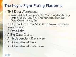 The Key is Right-Fitting Platforms
• THE Data Warehouse
– Value-Added Components: Modeling for Access,
Data Quality, Tooling, Conformed Dimensions,
Data Governance, Etc.
• A Dependent Data Mart (Fed from the Data
Warehouse)
• A Data Lake
• A Big Data Cluster
• An Independent Data Mart
• An Operational Hub
• An Operational Data Lake
9
 
