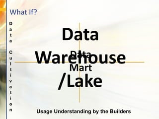 Usage Understanding by the Builders
D
a
t
a
C
u
l
t
i
v
a
t
i
o
n
Data
Warehouse
/Lake
What If?
Data
Mart
 