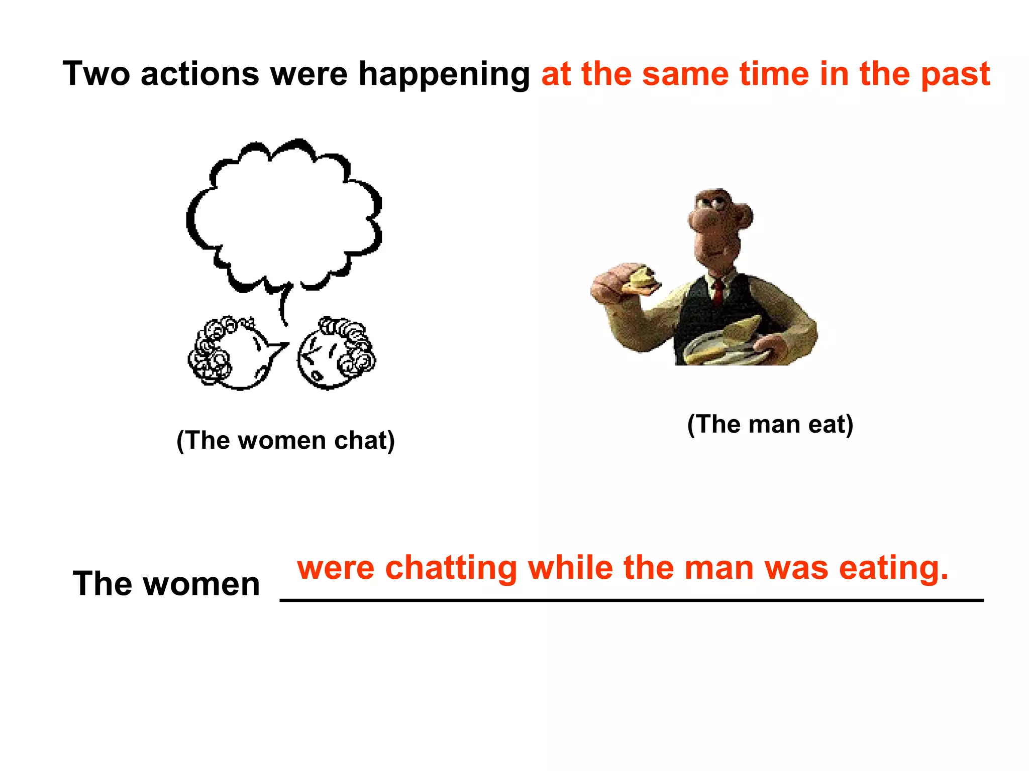 Two actions were happening at the same time in the past




                                     (The man eat)
      (The women chat)




           were chatting while the man was eating.
The women _____________________________________
 