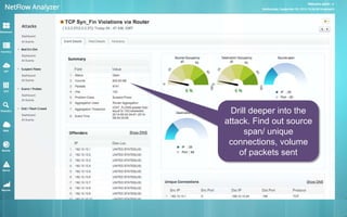 Drill deeper into the 
attack. Find out source 
span/ unique 
connections, volume 
of packets sent 
 