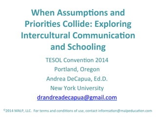 When	
  Assump+ons	
  and	
  
Priori+es	
  Collide:	
  Exploring	
  
Intercultural	
  Communica+on	
  
and	
  Schooling	
  
TESOL	
  Conven,on	
  2014	
  
Portland,	
  Oregon	
  
Andrea	
  DeCapua,	
  Ed.D.	
  
New	
  York	
  University	
  
drandreadecapua@gmail.com	
  
	
  ©2014	
  MALP,	
  LLC.	
  	
  For	
  terms	
  and	
  condi,ons	
  of	
  use,	
  contact	
  informa,on@malpeduca,on.com	
  
 