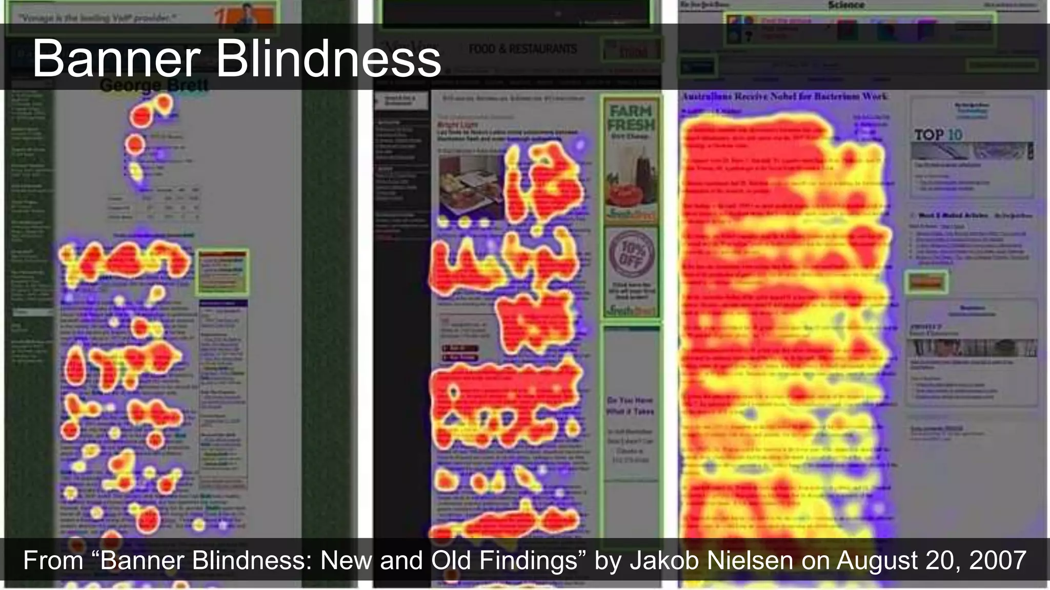 From “Banner Blindness: New and Old Findings” by Jakob Nielsen on August 20, 2007
Banner Blindness
 
