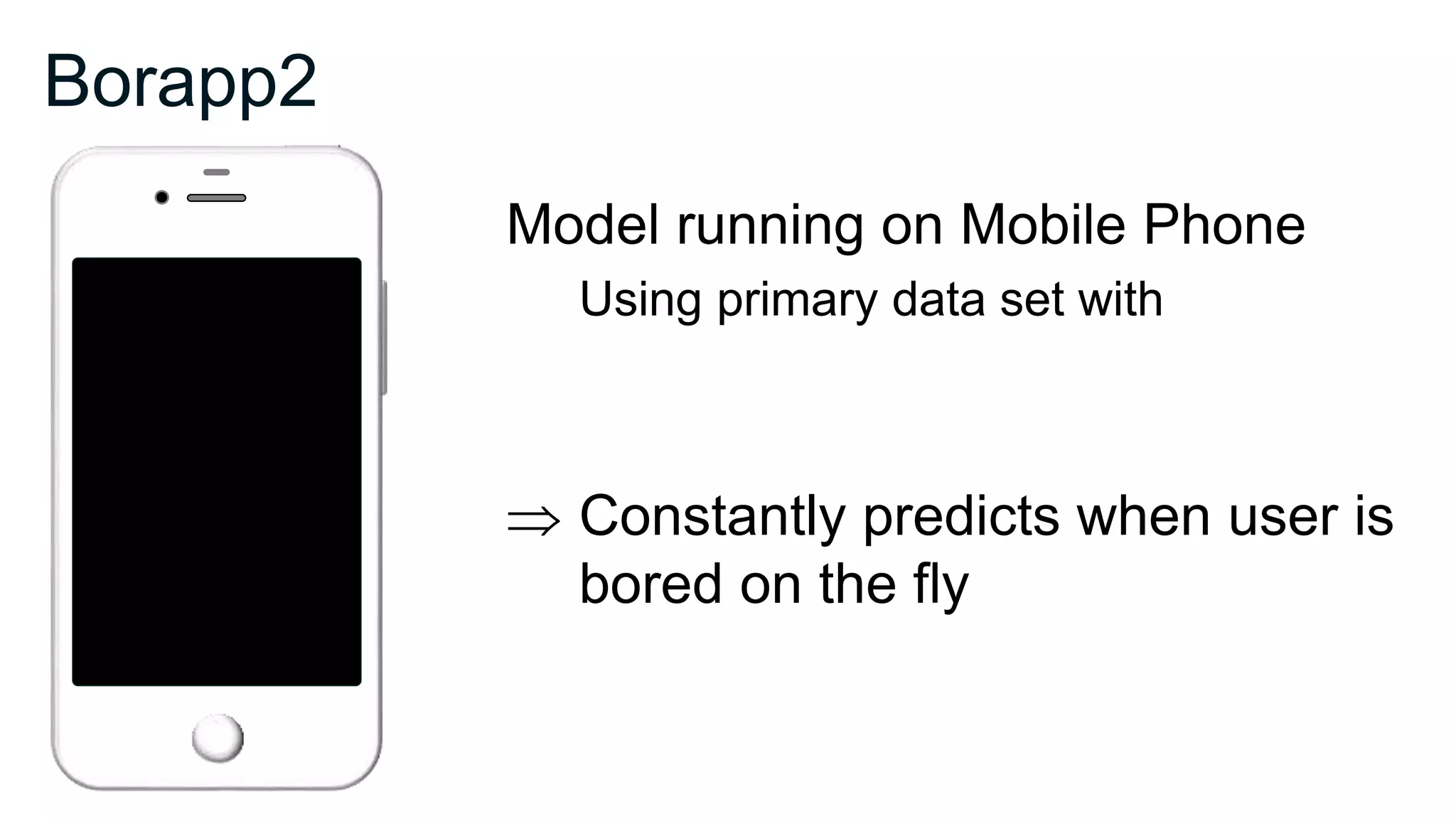 Borapp2
Model running on Mobile Phone
Using primary data set with
 Constantly predicts when user is
bored on the fly
 