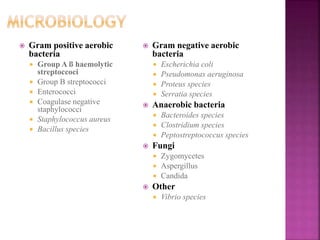  Gram positive aerobic
bacteria
 Group A ß haemolytic
streptoccoci
 Group B streptococci
 Enterococci
 Coagulase negative
staphylococci
 Staphylococcus aureus
 Bacillus species
 Gram negative aerobic
bacteria
 Escherichia coli
 Pseudomonas aeruginosa
 Proteus species
 Serratia species
 Anaerobic bacteria
 Bacteroides species
 Clostridium species
 Peptostreptococcus species
 Fungi
 Zygomycetes
 Aspergillus
 Candida
 Other
 Vibrio species
 