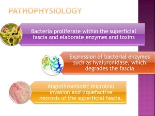 Bacteria proliferate within the superficial
fascia and elaborate enzymes and toxins
Expression of bacterial enzymes
such as hyaluronidase, which
degrades the fascia
Angiothrombotic microbial
invasion and liquefactive
necrosis of the superficial fascia.
 