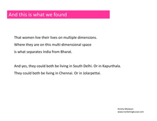And this is what we found 
That women live their lives on multiple dimensions. 
Where they are on this multi‐dimensional space 
is what separates India from Bharat. 
And yes, they could both be living in South Delhi. Or in Kapurthala. 
They could both be living in Chennai. Or in Jolarpettai. 
Anisha Motwani 
www.marketingbuzzar.com 
 
