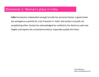 Dimension 1: Woman’s place in India 
India has become independent enough to make her personal choices. A good career 
has emerged as a priority for a lot of women in ‘India’ and society is actually not 
complaining either. Society has acknowledged her ambitions, her desire to scale new 
heights and explore the uncharted territories. Especially outside the home. 
Anisha Motwani 
www.marketingbuzzar.com 
 