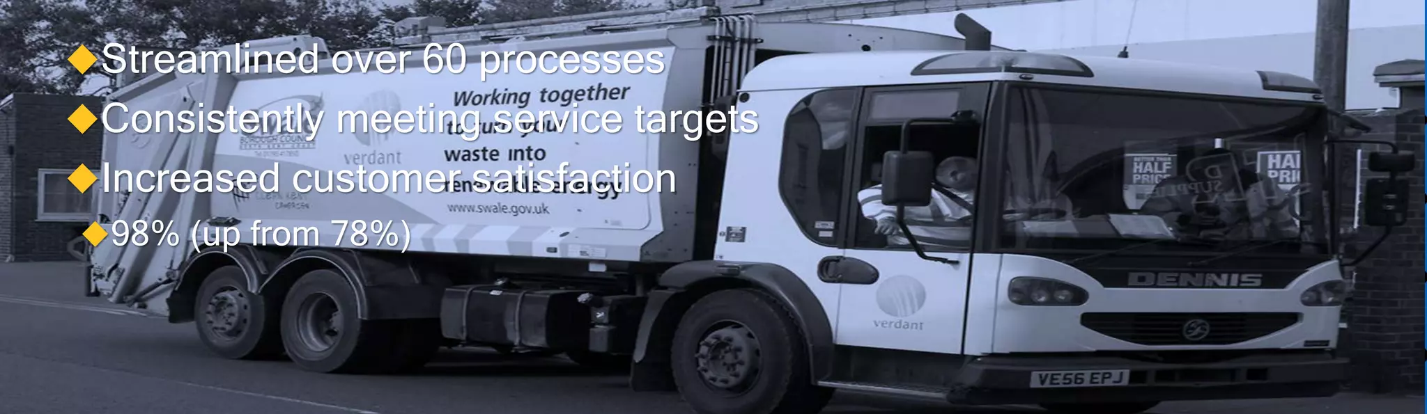 Streamlined over 60 processes
Consistently meeting service targets
Increased customer satisfaction
98% (up from 78%)
 