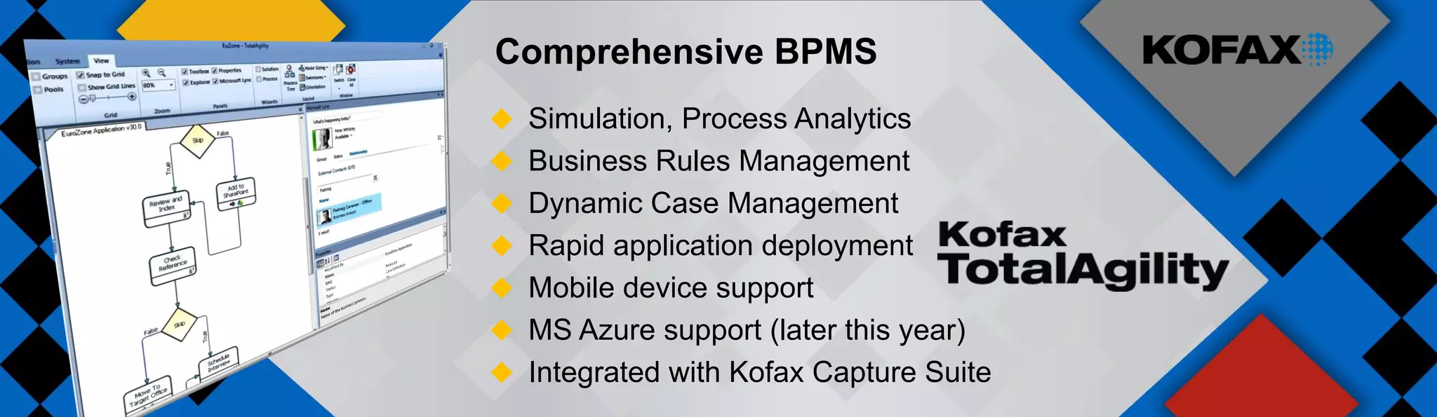 Comprehensive BPMS
 Simulation, Process Analytics
 Business Rules Management
 Dynamic Case Management
 Rapid application deployment
 Mobile device support
 MS Azure support (later this year)
 Integrated with Kofax Capture Suite
 