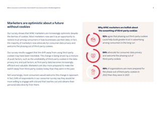 3
When Consumers Control Data: How to Build Trust and Succeed in the New Digital Era 06 15 23
Marketers are optimistic about a future
without cookies
Our survey shows that APAC marketers are increasingly optimistic despite
the demise of cookies. Most marketers now see it as an opportunity to
restore trust among consumers in how businesses use their data. In fact,
the majority of marketers now advocate for consumer data privacy and
welcome the phasing out of third-party cookies.
Our survey results suggest that the shift away from using third-party
cookies may have been inevitable. The change is being driven by a mixture
of push factors, such as the unreliability of third-party cookies in the data
privacy era, and pull factors, as first-party data becomes increasingly
efficient and valuable. Marketers are also more prepared to make the
switch away from third-party cookies today than they were in the past.
Not surprisingly, most consumers would welcome this change in approach.
In fact, 64% of respondents in our consumer survey say they would be
more willing to engage with a brand that reaches out and obtains their
personal data directly from them.
 