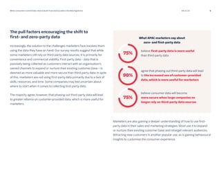 6
When Consumers Control Data: How to Build Trust and Succeed in the New Digital Era 06 15 23
The pull factors encouraging the shift to
first- and zero-party data
Increasingly, the solution to the challenges marketers face involves them
using the data they have on hand. Our survey results suggest that while
some marketers still rely on third-party data sources, it is primarily for
convenience and commercial viability. First-party data – data that is
passively being collected as customers interact with an organisation’s
owned channels to expand or nurture their existing customer base – is
deemed as more valuable and more secure than third-party data. In spite
of this, marketers are not using first-party data primarily due to a lack of
skills, resources, and time. Some companies may feel uncertain about
where to start when it comes to collecting first-party data.
The majority agree, however, that phasing out third-party data will lead
to greater reliance on customer-provided data, which is more useful for
marketers.
Marketers are also gaining a deeper understanding of how to use first-
party data in their sales and marketing strategies. Most use it to expand
or nurture their existing customer base and retarget relevant audiences.
Attracting new customers is another popular use, as is gaining behavioural
insights to customise the consumer experience.
6
 