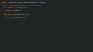 namespace UlaboxChangoInfrastructurePersistenceDoctrineReception;
class DoctrineReceptionRepository implements ReceptionRepository
{
public function get(ReceptionId $id)
{
return $this->find($id);
}
public function save(Reception $reception)
{
$this->_em->persist($reception);
}
}
 