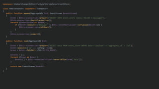 namespace UlaboxChangoInfrastructurePersistenceEventStore;
class PDOEventStore implements EventStore
{
public function append(AggregateId $id, EventStream $eventStream)
{
$stmt = $this->connection->prepare("INSERT INTO event_store (data) VALUES (:message)");
$this->connection->beginTransaction();
foreach ($eventStream as $event) {
if (!$stmt->execute(['message' => $this->eventSerializer->serialize($event)])) {
$this->connection->rollBack();
}
}
$this->connection->commit();
}
public function load(AggregateId $id)
{
$stmt = $this->connection->prepare("SELECT data FROM event_store WHERE data->'payload'->>'aggregate_id' = :id");
$stmt->execute(['id' => (string) $id]);
$rows = $stmt->fetchAll(PDO::FETCH_ASSOC);
$events = [];
foreach ($rows as $row) {
$events[] = $this->eventSerializer->deserialize($row['data']);
}
return new EventStream($events);
}
}
 