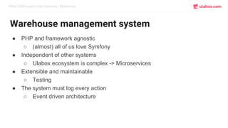 When CQRS meets Event Sourcing / Warehouse
Warehouse management system
● PHP and framework agnostic
○ (almost) all of us love Symfony
● Independent of other systems
○ Ulabox ecosystem is complex -> Microservices
● Extensible and maintainable
○ Testing
● The system must log every action
○ Event driven architecture
 