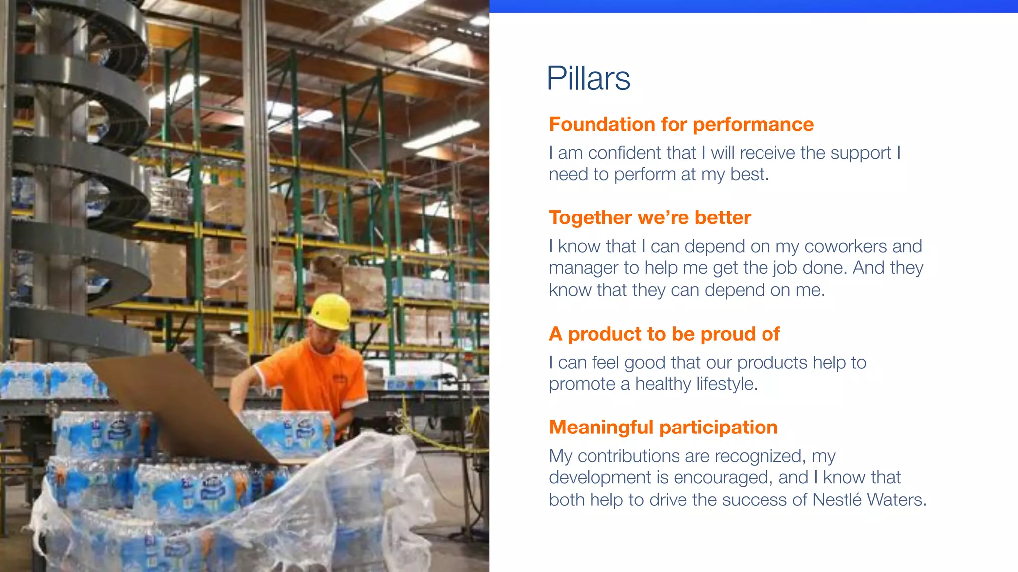 Foundation for performance
I am conﬁdent that I will receive the support I
need to perform at my best.
Pillars
Together we’re better
I know that I can depend on my coworkers and
manager to help me get the job done. And they
know that they can depend on me.
A product to be proud of
I can feel good that our products help to "
promote a healthy lifestyle. 
Meaningful participation
My contributions are recognized, my "
development is encouraged, and I know that "
both help to drive the success of Nestlé Waters.
 